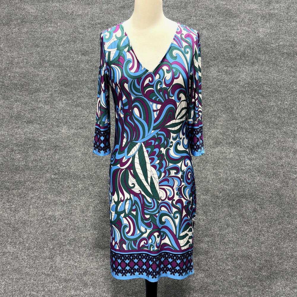 Tracy Negoshian Dress Womens Small Multicolor Paisley V Neck Shift 3/4 Sleeve
